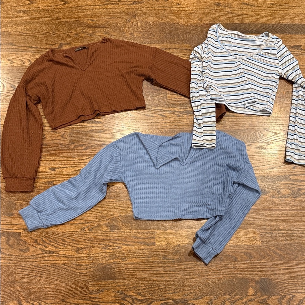 Trio of Cropped Sweaters in Brown, Blue, and Striped size small